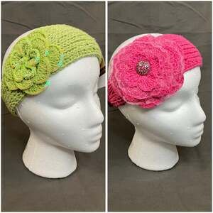 Lot of 2 Crocheted Flower Headband Winter Ear Warmer C.C Exclusives Green Pink